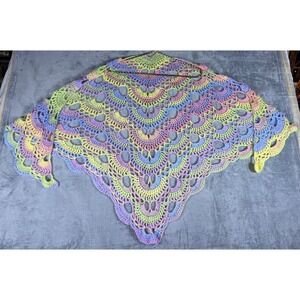 Handmade Crochet Shawl Gradient Rainbow Pastel Flutter Design Triangular Wrap